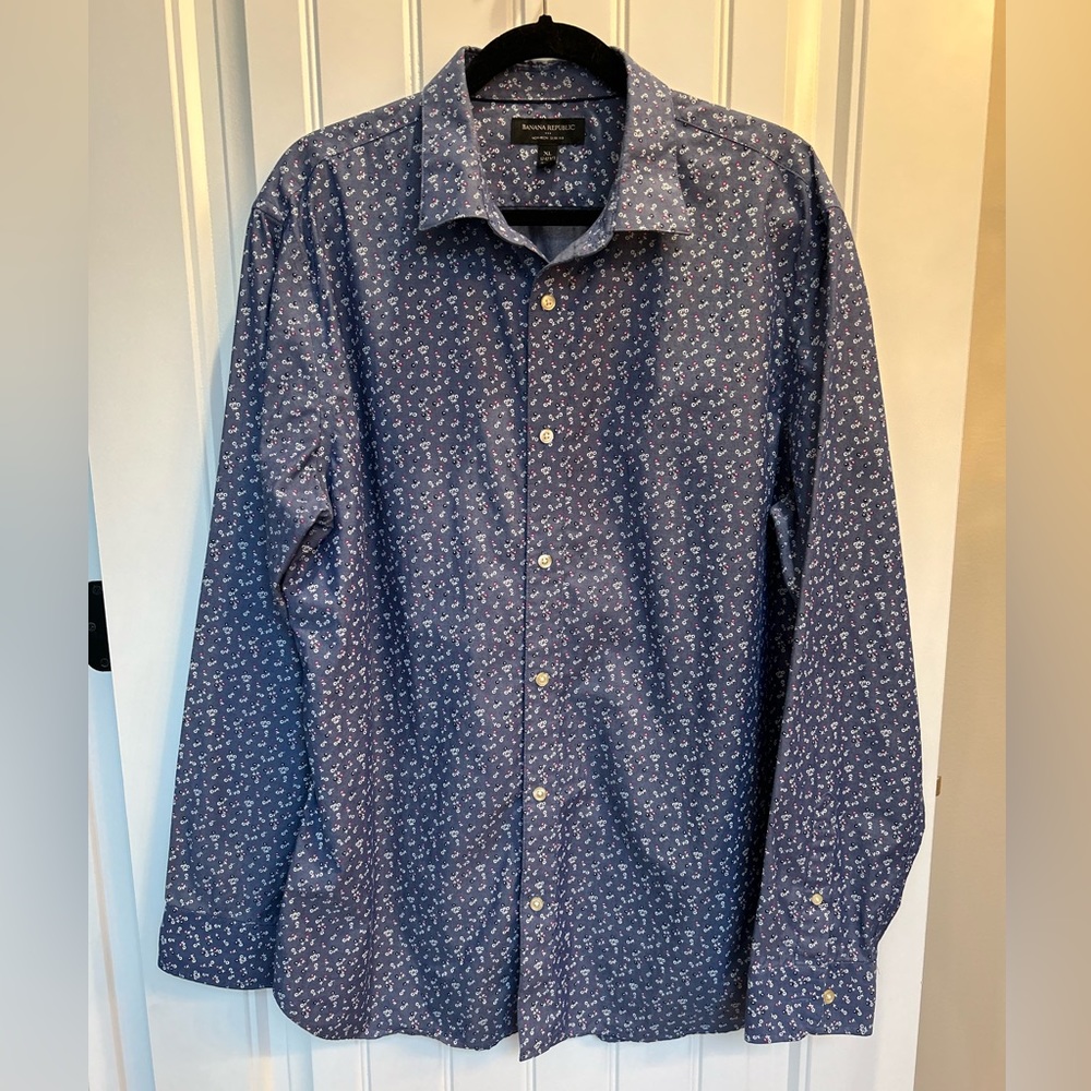 Banana Republic Men’s Long Sleeve Slim Fit Floral Shirt Blue White Red Size XL